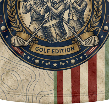 Close-up shot of the high-definition printed historical revolutionary musicians emblem and Golf Edition banner text on a polo shirt.