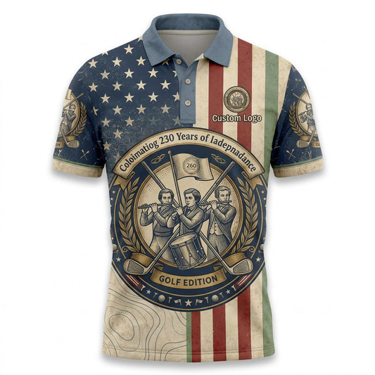 Front view of an asymmetrical USA Spirit of 76 Independence 250 Years golf polo shirt with custom name badge options.
