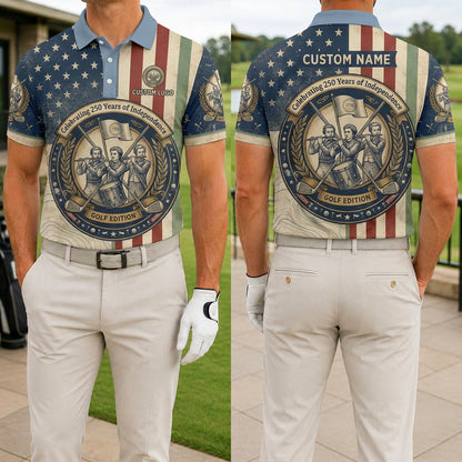 Front and back view of a personalized Spirit of 76 golf polo shirt showing the custom name printing layout on the back yoke.