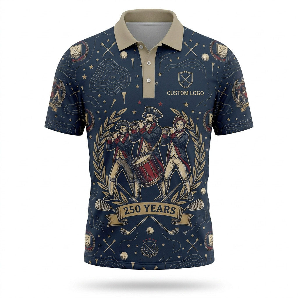 Front view of a vintage navy and cream USA Spirit of 76 Patriots golf polo shirt with custom player name option lines.