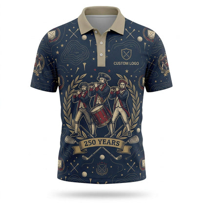 Front view of a vintage navy and cream USA Spirit of 76 Patriots golf polo shirt with custom player name option lines.