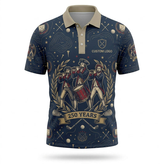 Front view of a vintage navy and cream USA Spirit of 76 Patriots golf polo shirt with custom player name option lines.