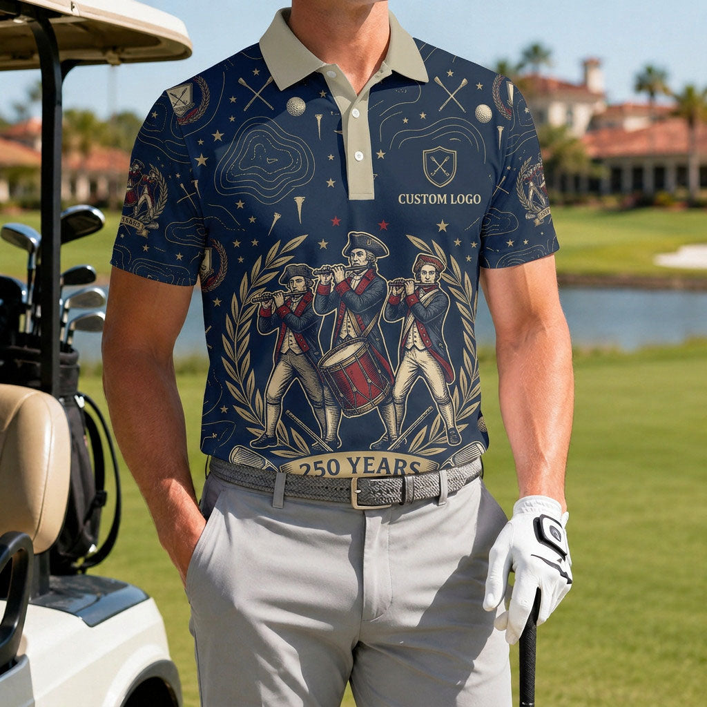A male golfer wearing the customized USA Spirit of 76 polo shirt standing proudly on a premium country club fairway green.