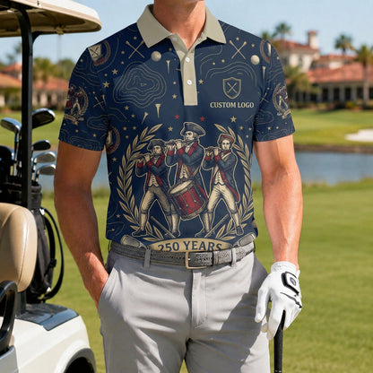 A male golfer wearing the customized USA Spirit of 76 polo shirt standing proudly on a premium country club fairway green.