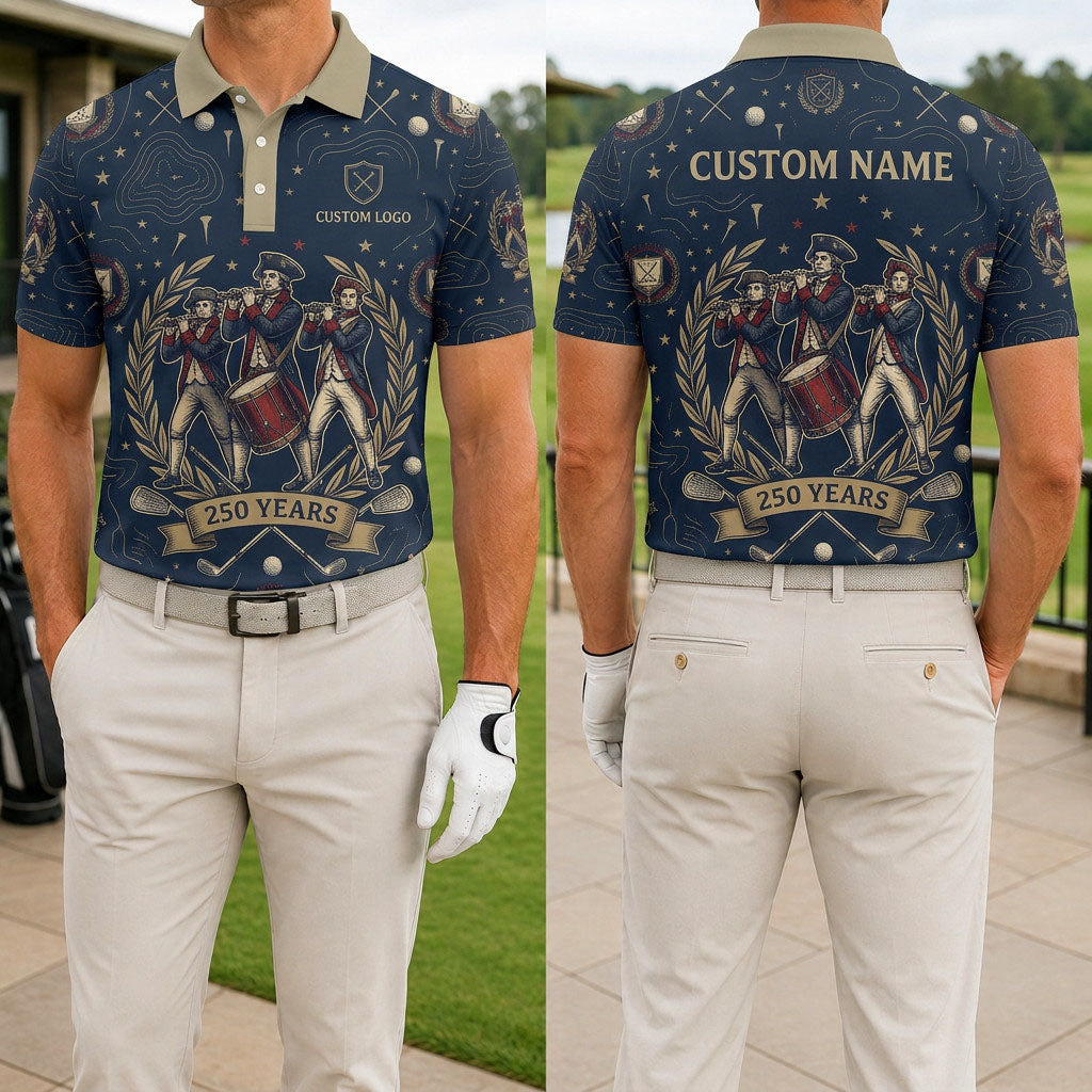 Front and back view of a personalized USA Spirit of 76 golf polo shirt showing the custom name printing area on the back.