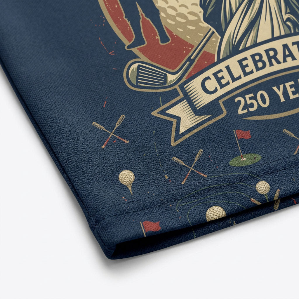 Close-up shot of the high-definition printed Statue of Liberty crest, big golf ball emblem, and Celebrating 250 Years ribbon text.