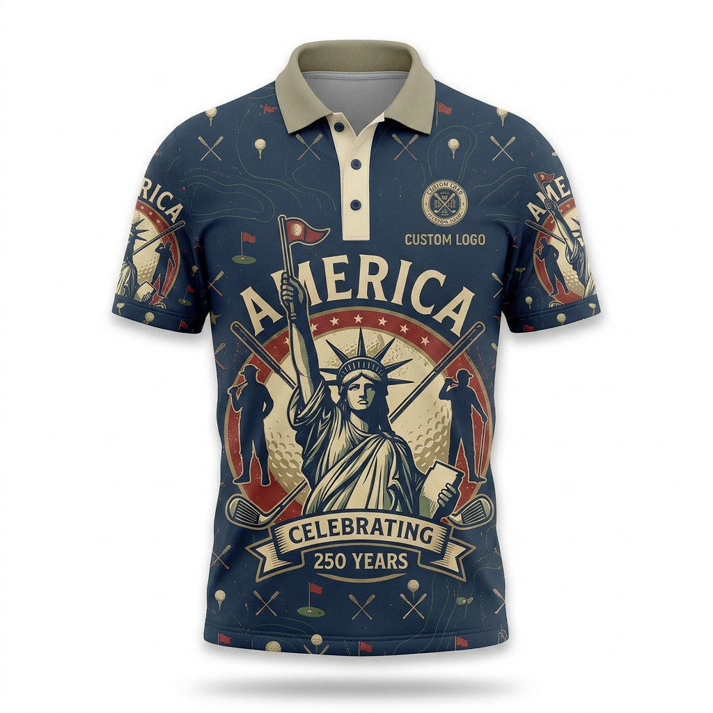 Front view of a navy blue and cream USA Statue of Liberty America 250 Years golf polo shirt with custom player name option badge.
