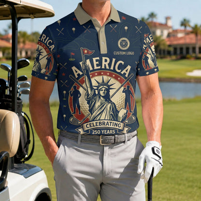 A male golfer wearing the customized USA Statue of Liberty 250 Years polo standing proudly on a premium country club fairway green.