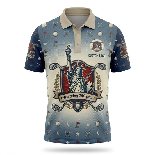 Front view of a blue gradient USA Statue of Liberty Retro Shield 250 Years golf polo shirt with custom player name option badge.
