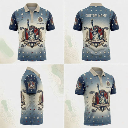 Multi-angle product display grid showcasing the front, back, cute golf doodle layout, and athletic tailored fit of the polo.