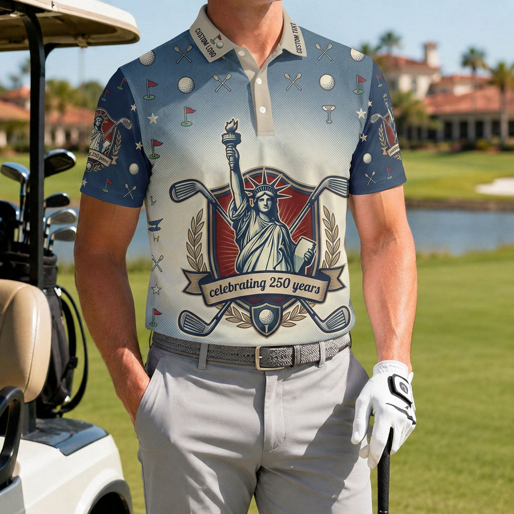A male golfer wearing the customized USA Liberty Retro Shield 250 Years polo standing proudly on a premium country club fairway green.