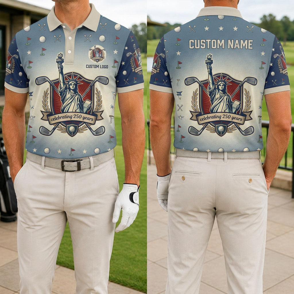 Front and back view of a personalized USA Liberty Retro Shield polo shirt showing the custom name printing area on the back.