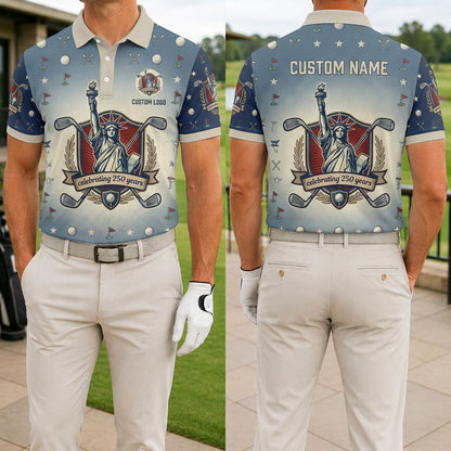 Front and back view of a personalized USA Liberty Retro Shield polo shirt showing the custom name printing area on the back.