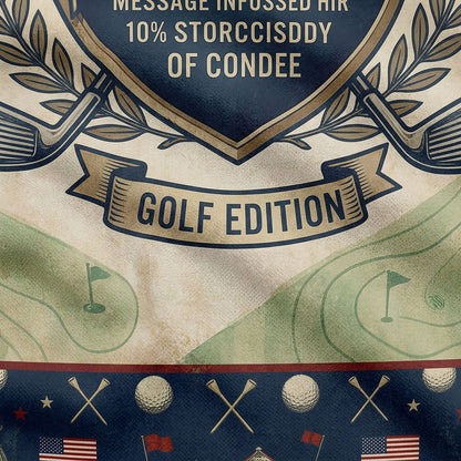 Close-up shot of the high-definition printed waving American flag shield crest, laurel wreath, and crossed golf clubs.