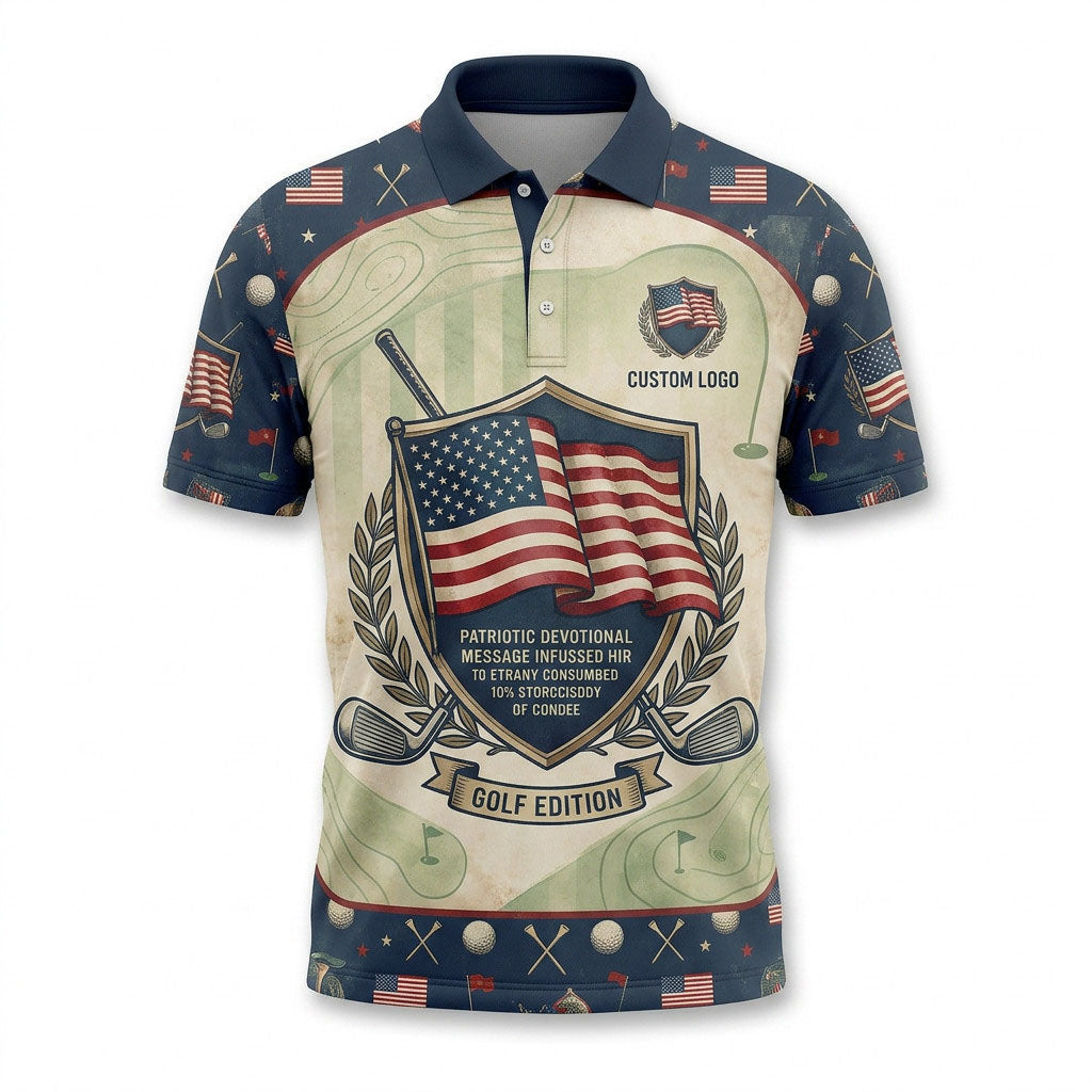 Front view of a vintage cream and navy USA Vintage Flag Shield golf polo shirt with custom player name option badge.