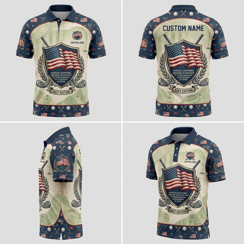 Multi-angle product display grid showcasing the front, back, starry shoulder layout, and athletic tailored fit of the polo.