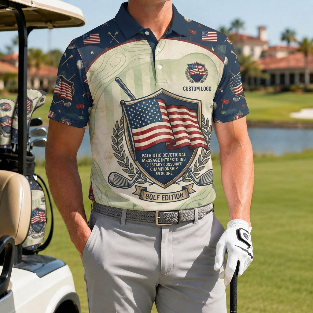 A male golfer wearing the customized USA Vintage Flag Shield polo standing proudly on a premium country club fairway green.
