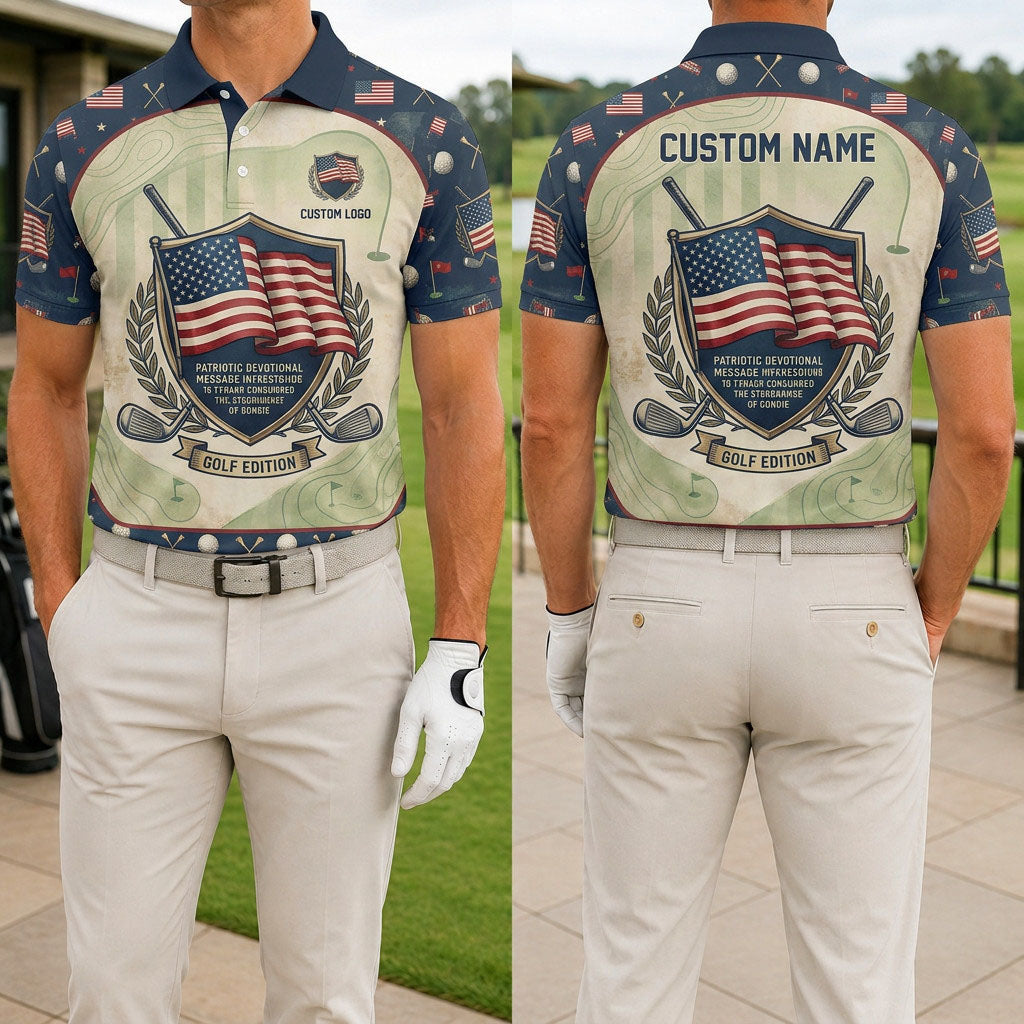 Front and back view of a personalized USA Flag Shield polo shirt showing the custom name printing area on the back.