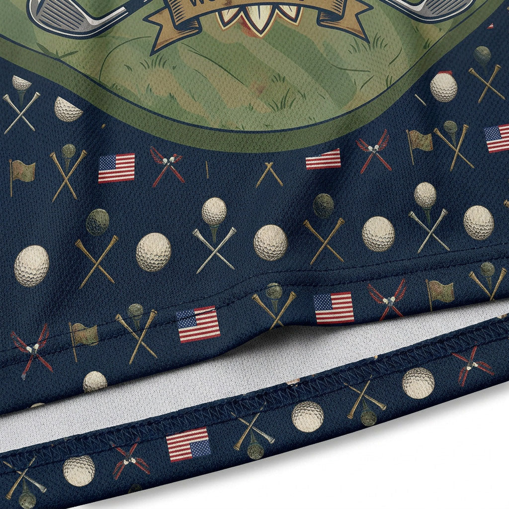Close-up shot of the high-definition printed bald eagle, American flag background, and We The People script on a premium golf polo shirt.