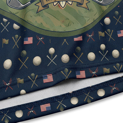Close-up shot of the high-definition printed bald eagle, American flag background, and We The People script on a premium golf polo shirt.
