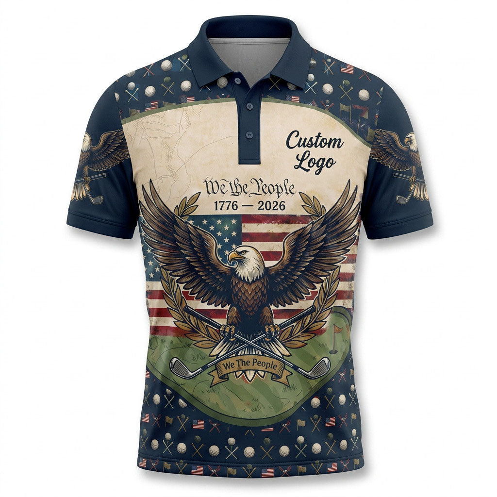 Front view of a vintage cream and navy USA We The People 1776-2026 golf polo shirt with custom player name option badge.