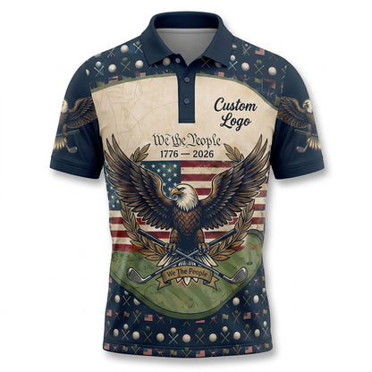 Front view of a vintage cream and navy USA We The People 1776-2026 golf polo shirt with custom player name option badge.