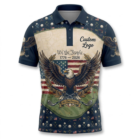 Front view of a vintage cream and navy USA We The People 1776-2026 golf polo shirt with custom player name option badge.