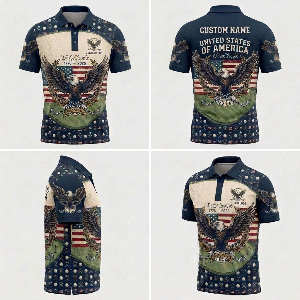 Multi-angle product display grid showcasing the front, back, star-and-golf patterned shoulder panels, and athletic fit of the polo shirt.