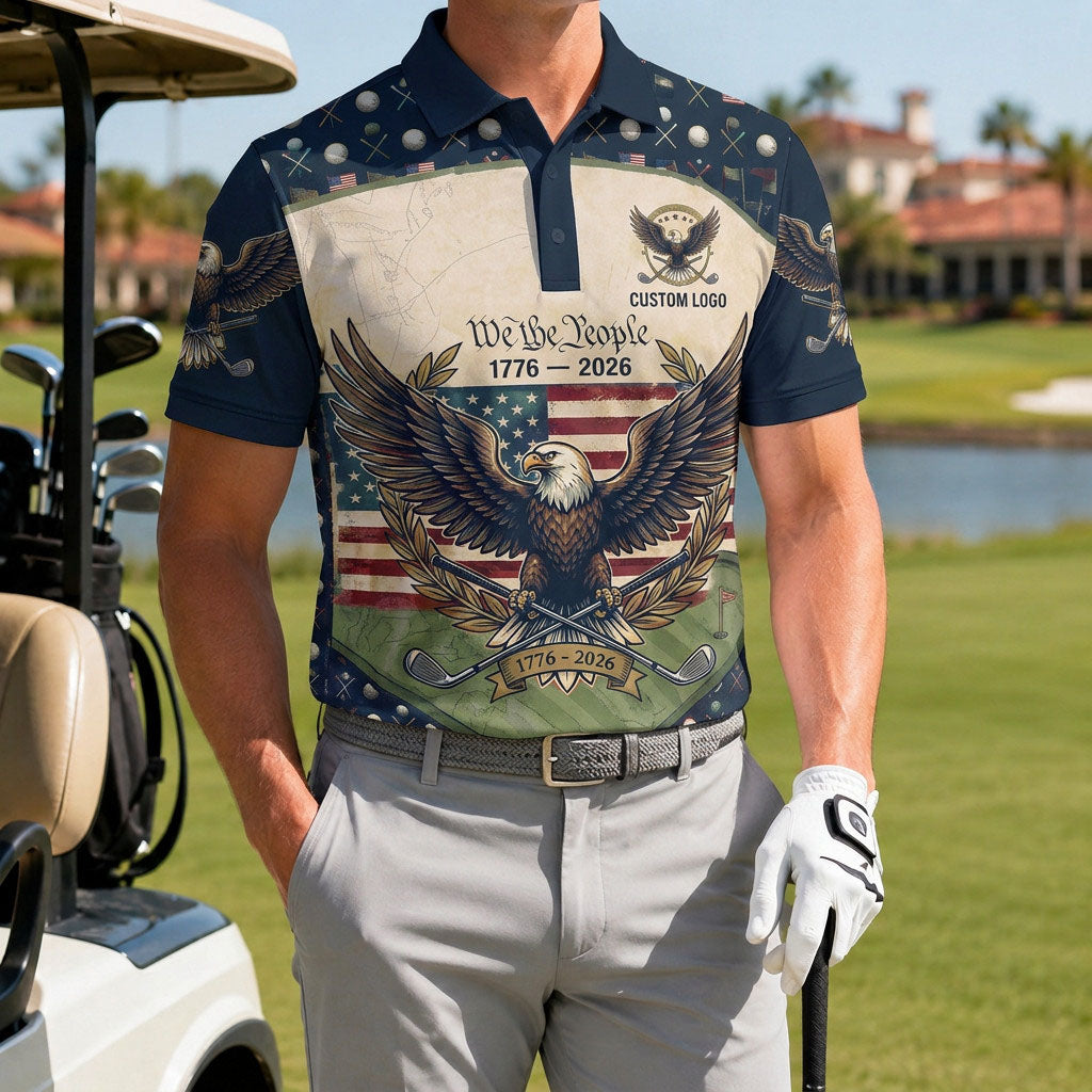A male golfer wearing the customized USA We The People 1776-2026 polo shirt standing proudly on a premium country club fairway green.