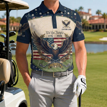 A male golfer wearing the customized USA We The People 1776-2026 polo shirt standing proudly on a premium country club fairway green.