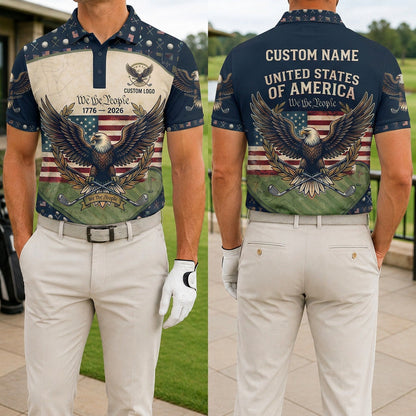 Front and back view of a personalized USA We The People golf polo shirt showing the custom name printing layout on the back yoke.