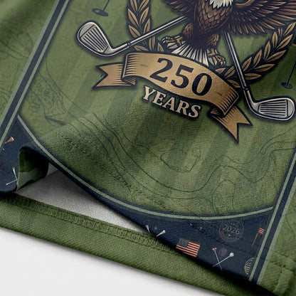 Close-up shot of the vibrant 250 America We The People print and precision stitching details on a high-end golf polo shirt.