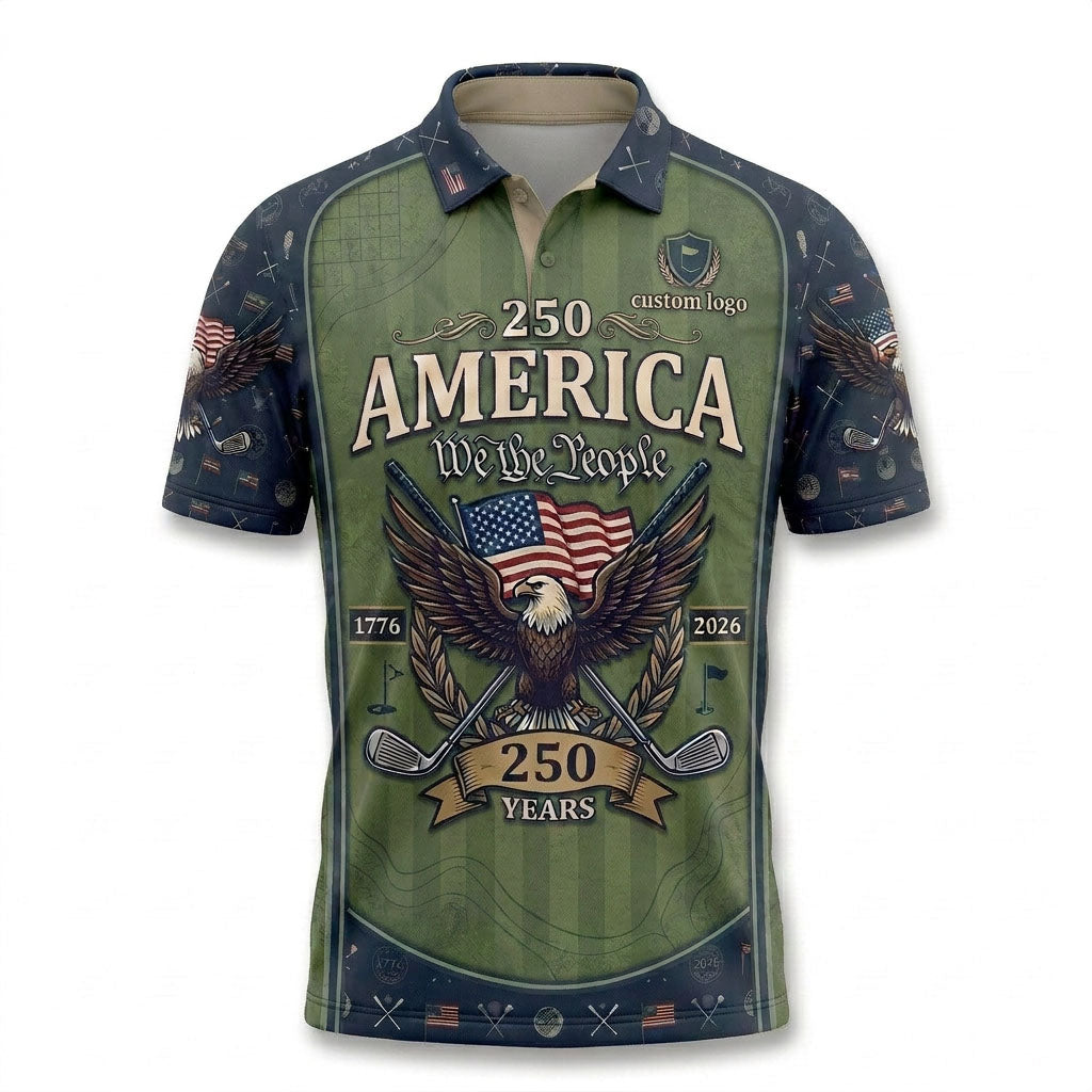 Front view of a forest green and navy USA We The People 250 Years golf polo shirt with custom badge text spaces.