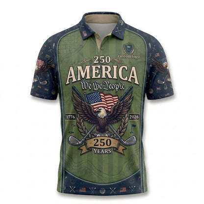 Front view of a forest green and navy USA We The People 250 Years golf polo shirt with custom badge text spaces.