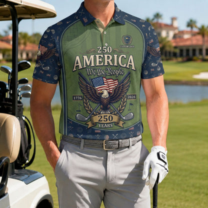 A male golfer wearing the customized green USA We The People 250 Years polo shirt standing proudly on a lush country club course fairway.