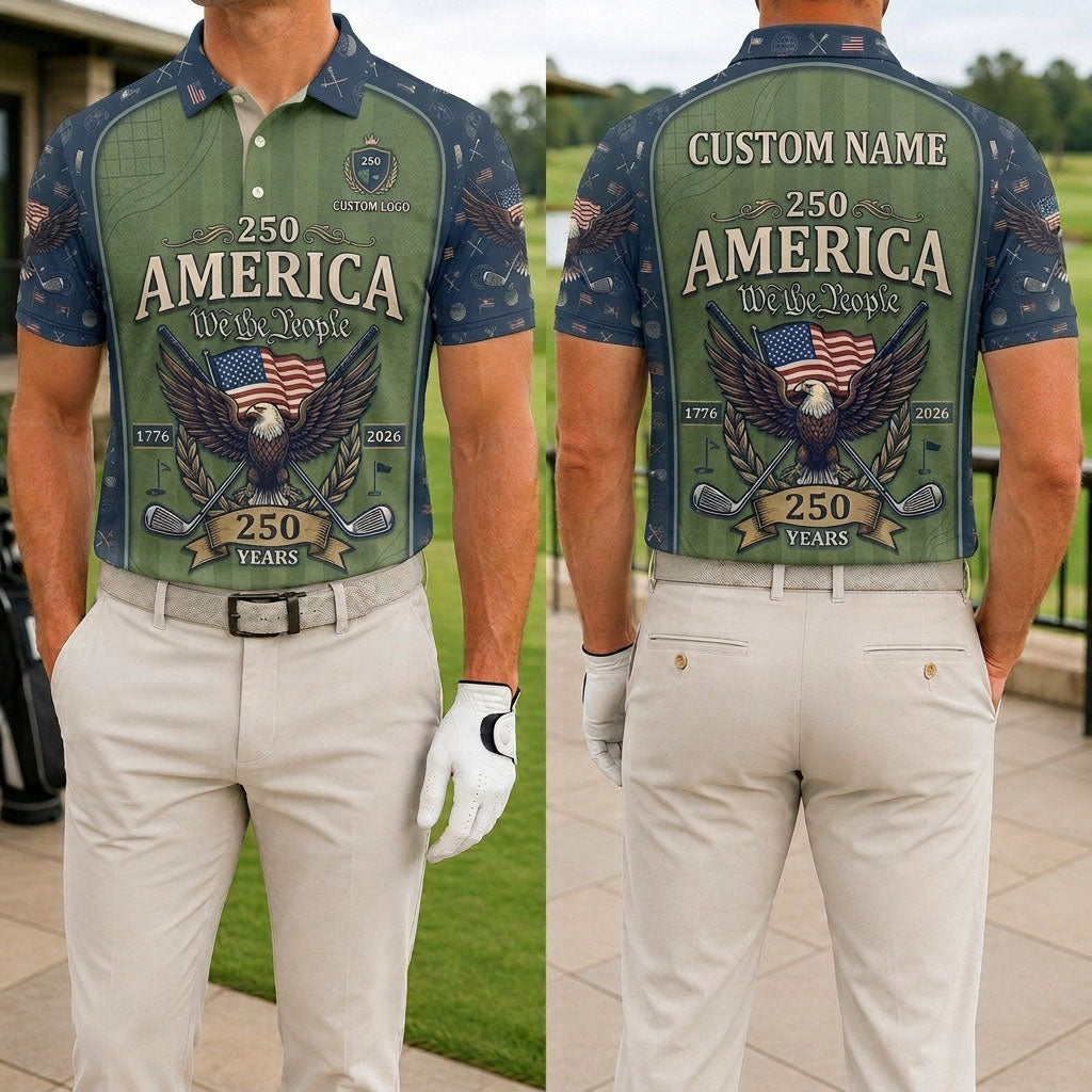 Front and back view of a personalized USA We The People golf polo shirt showing the custom name printing option on the back yoke.