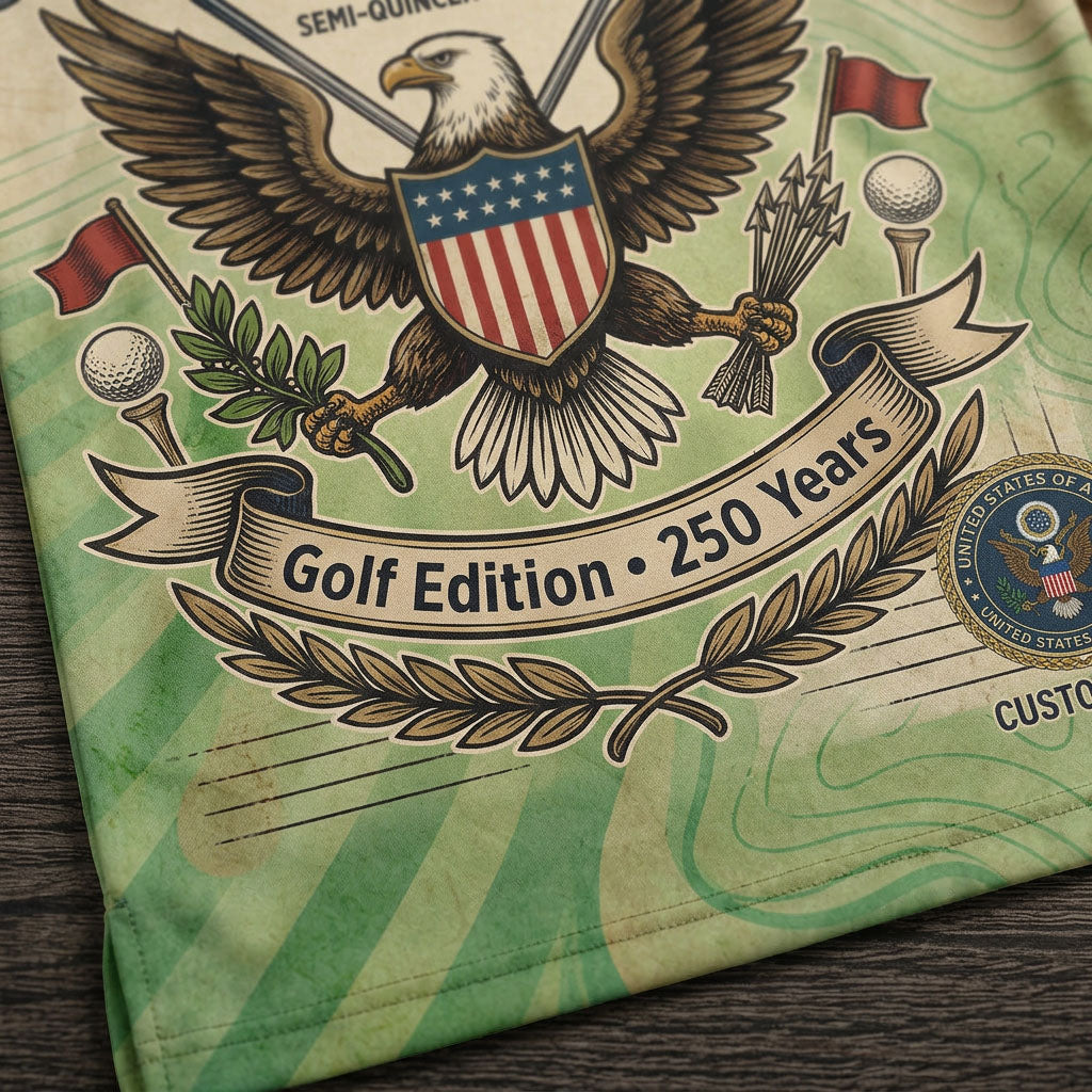 Close-up shot of the high-definition printed bald eagle crest, We The People script, and Semiquincentennial text on a premium polo shirt.