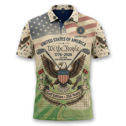 Front view of a vintage parchment USA We The People United States 250 Years Semiquincentennial golf polo shirt with custom player name option badge.