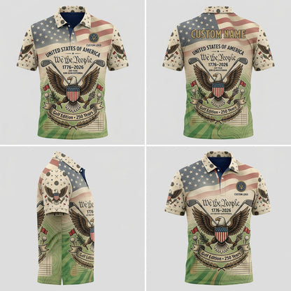 Multi-angle product display grid showcasing the front, back, vintage waving flag shoulders, and athletic tailored fit of the polo shirt.