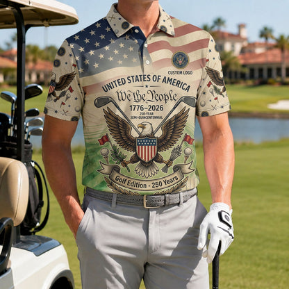 A male golfer wearing the customized USA United States 250 Years polo shirt standing proudly on a premium country club fairway green.