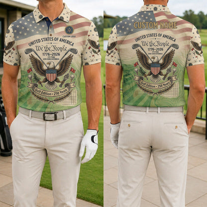 Front and back view of a personalized United States 250 Years polo shirt showing the custom name printing area on the back.