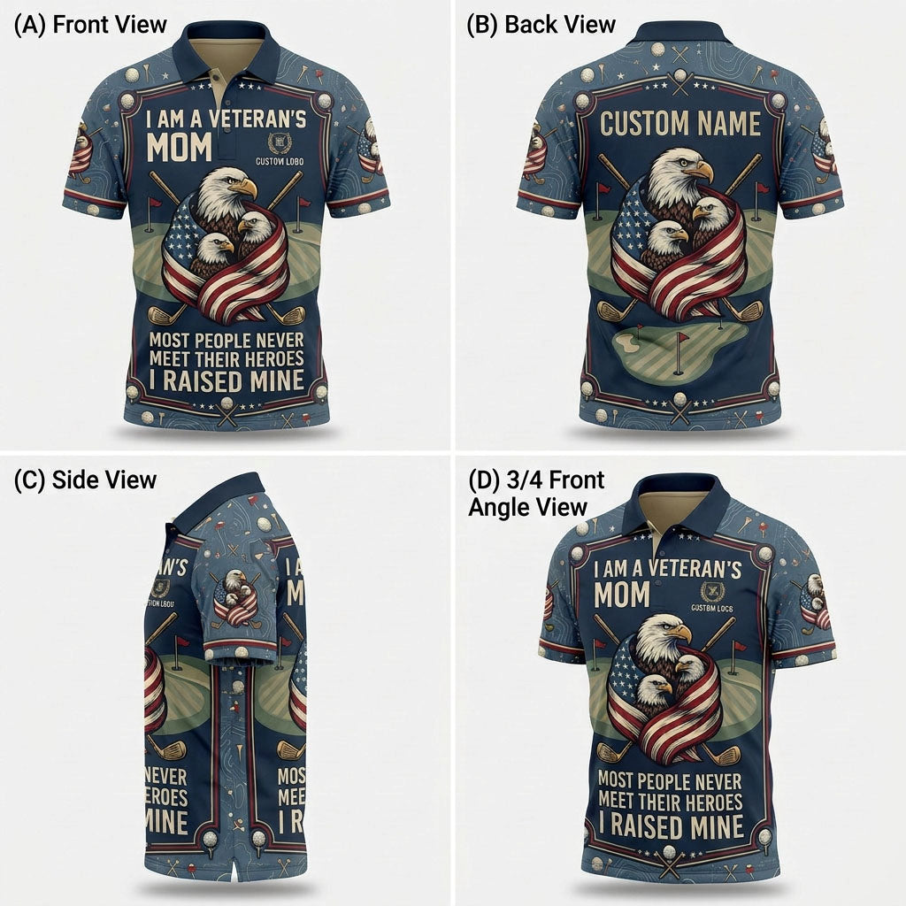 Multiple angles of the custom Veteran's Mom golf shirt