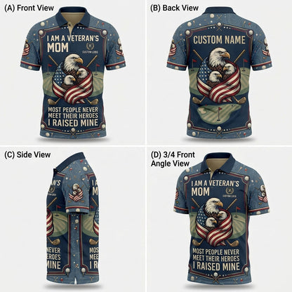Multiple angles of the custom Veteran's Mom golf shirt