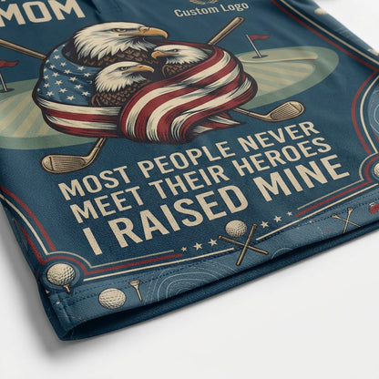 Closeup of eagle and American flag graphic on Veteran's Mom polo