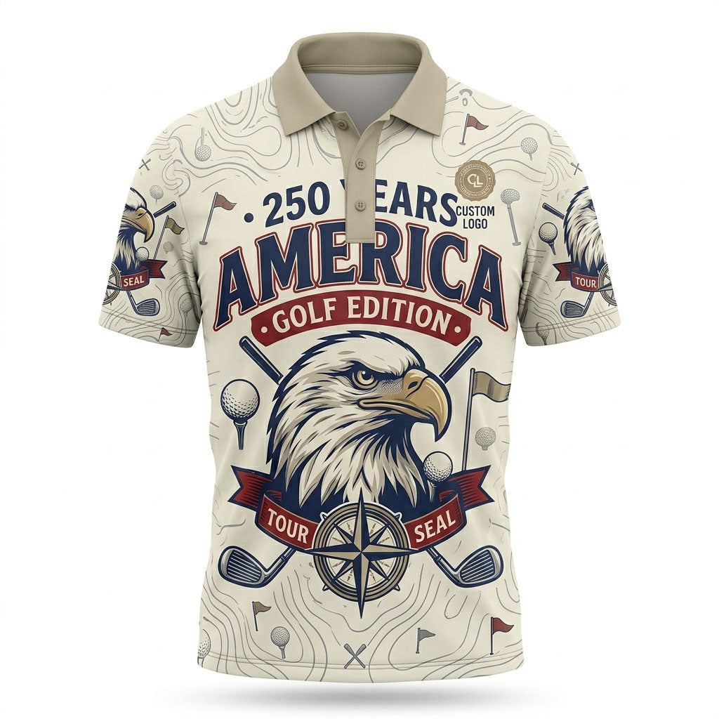 Front view of a vintage cream America 250 Years Golf Edition topographic polo shirt featuring a bald eagle portrait and custom player name option badge.