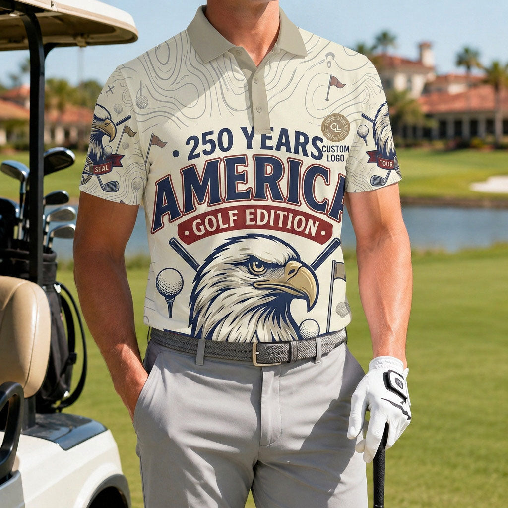 A male golfer wearing the customized America 250 Years Golf Edition topo polo standing proudly on a premium country club fairway green.