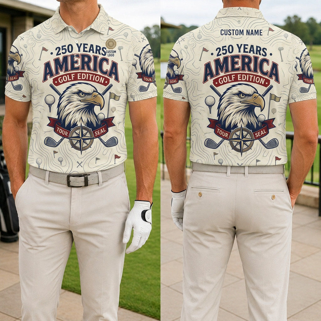 Front and back view of a personalized cream America 250 Years Golf Edition polo shirt showing the custom name printing area on the back.