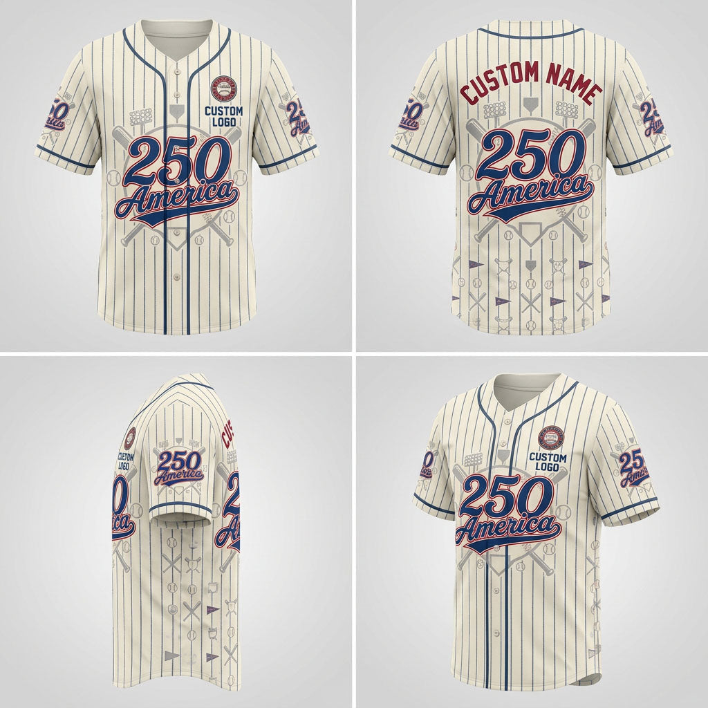 Four-way product mockup grid showcasing the front, back, side silhouette, and angled view of the cream custom pinstripe baseball jersey template.