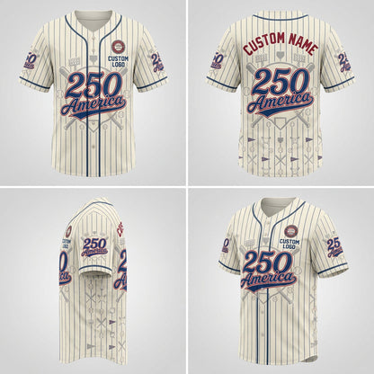 Four-way product mockup grid showcasing the front, back, side silhouette, and angled view of the cream custom pinstripe baseball jersey template.