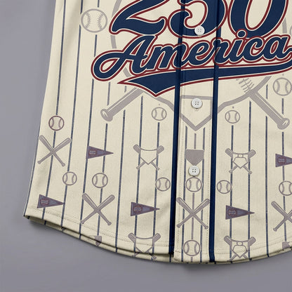 Close-up shot of the lower button area on the cream baseball shirt displaying detailed print of crossed bats, baseballs, and stadium pennant patterns.
